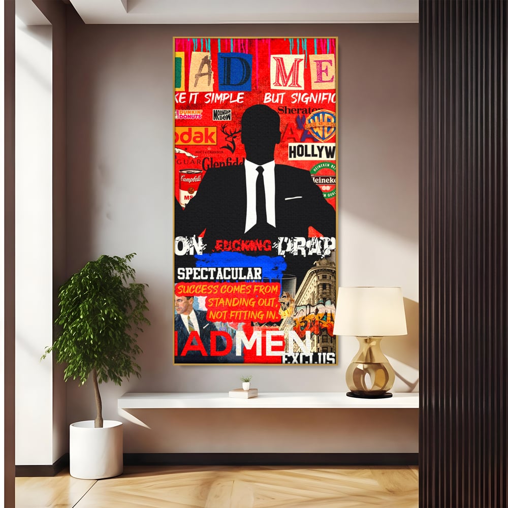 Tablou canvas cu tablou canvas cu silueta don draper, in rama de aluminiu auriu